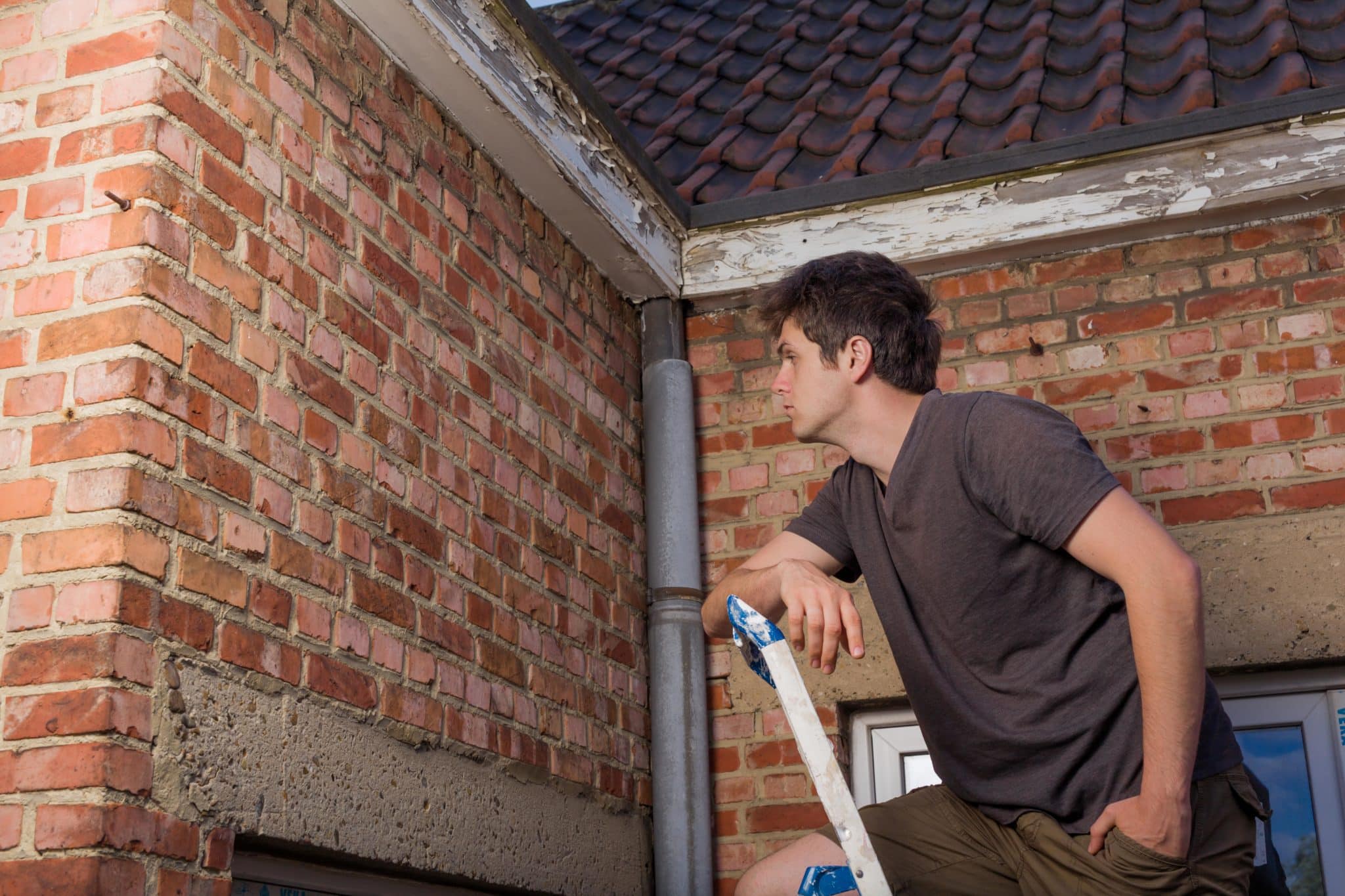 man on a ladder inspecting house